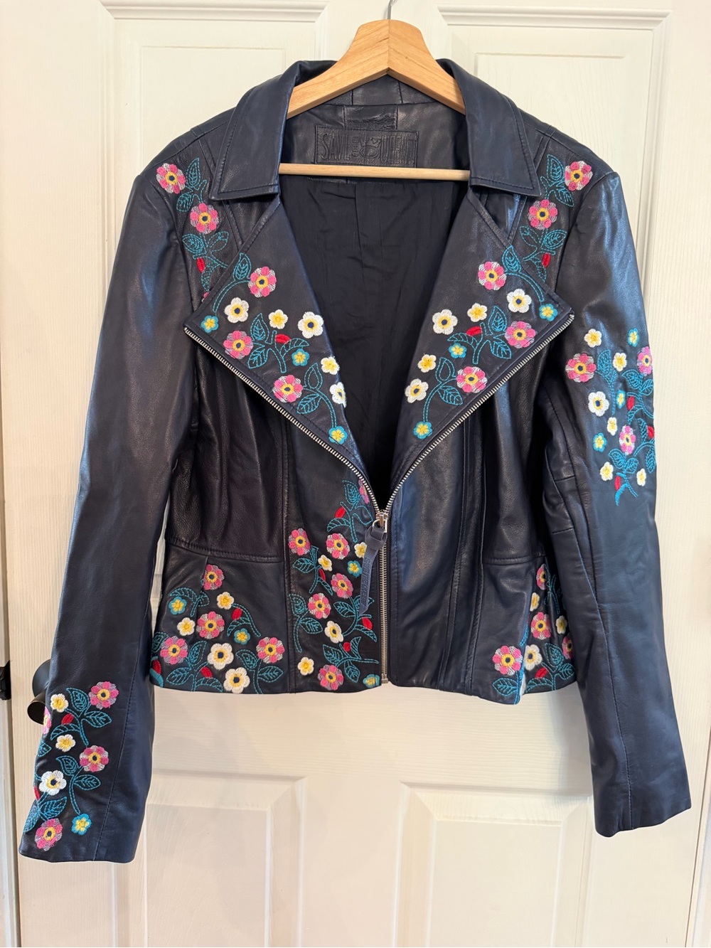 Save The Queen Navy Leather Jacket with Multicolor Floral Embroidery